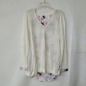 NYDJ Sweater Women L Cream/Floral Hi-low Long Sleeve V-Neck Lightweight Pullover